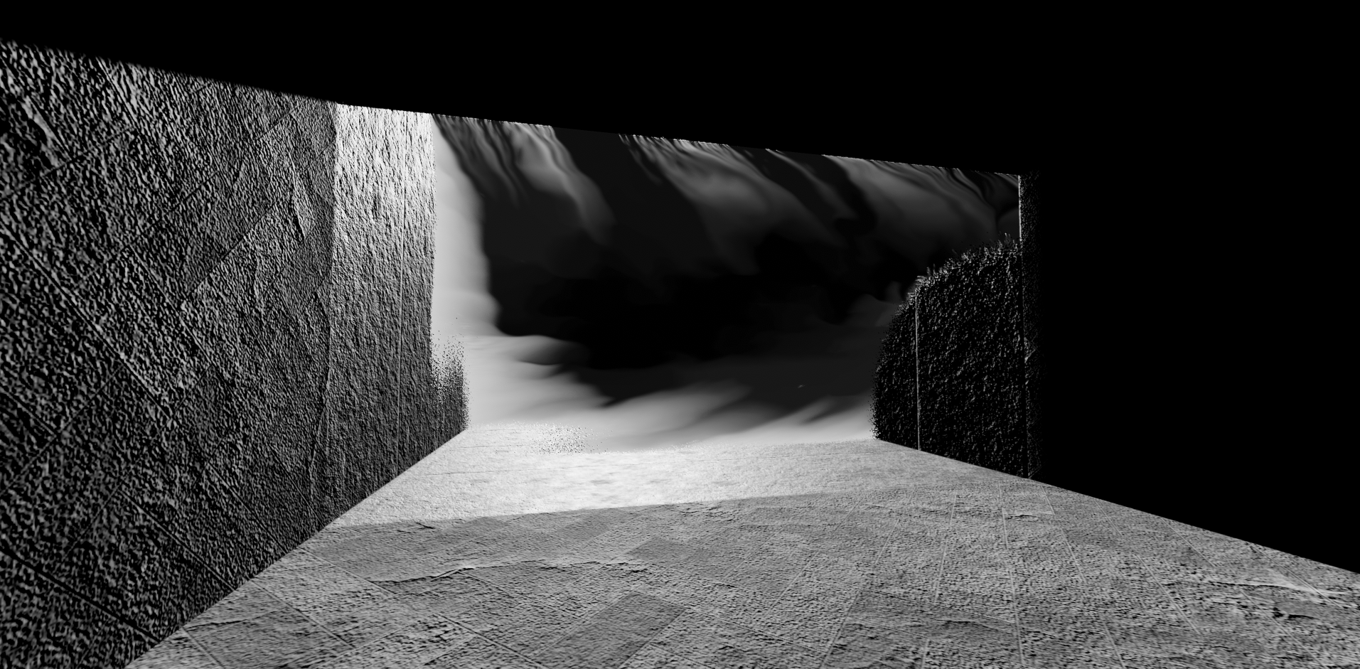 Dark concrete tunnel, pale smears at its end blend into a black void.